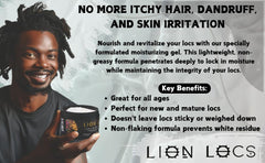Beard Gains Lion Locs natural ingredients label highlights aloe vera and oils for hydration.