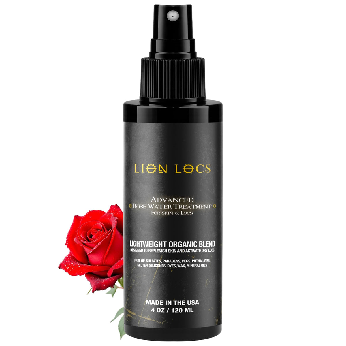 Beard Gains Lion Locs Rosewater Spray bottle for locs provides lightweight hydration