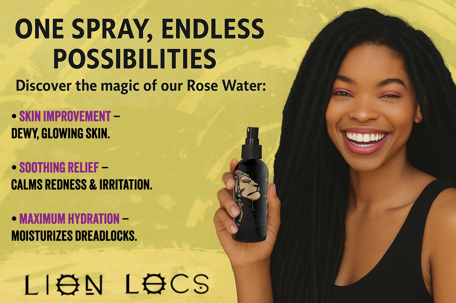 Beard Gains Lion Locs Rosewater Spray's delicate rose scent freshens locs all day.