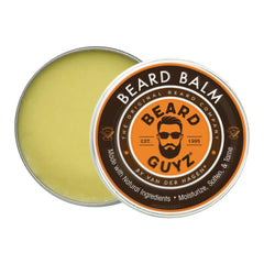 Beard Guyz Beard Balm jar closeup shows a creamy formula for soft, manageable facial hair.