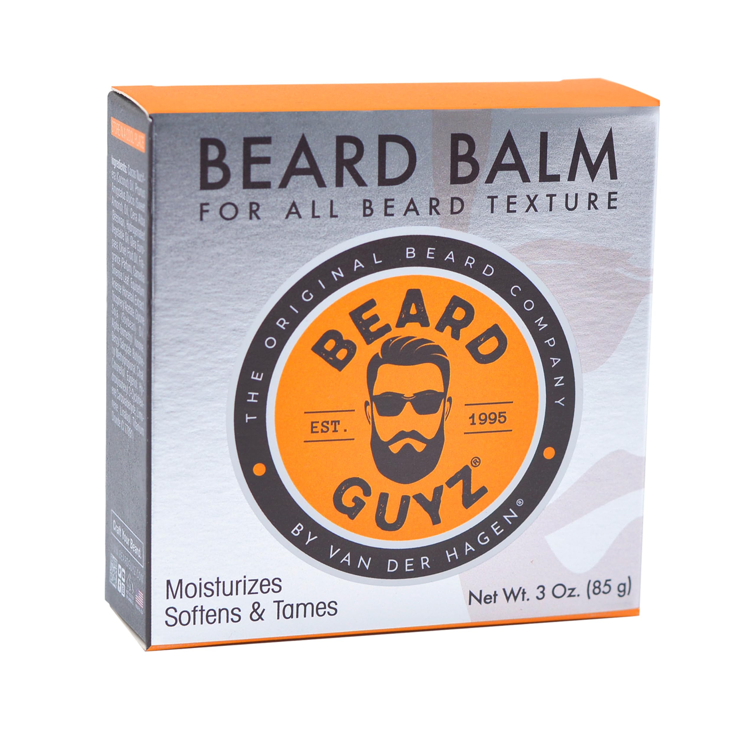 Beard Guyz Beard Balm jar label closeup highlights nourishing ingredients for healthier beard skin.