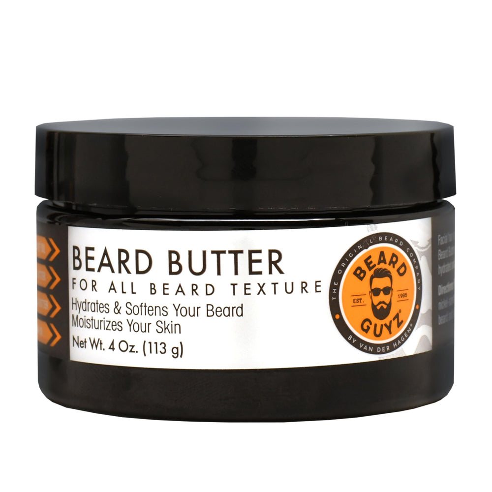 Beard Guyz Beard Butter bottle closeup showcasing creamy formula for easy application