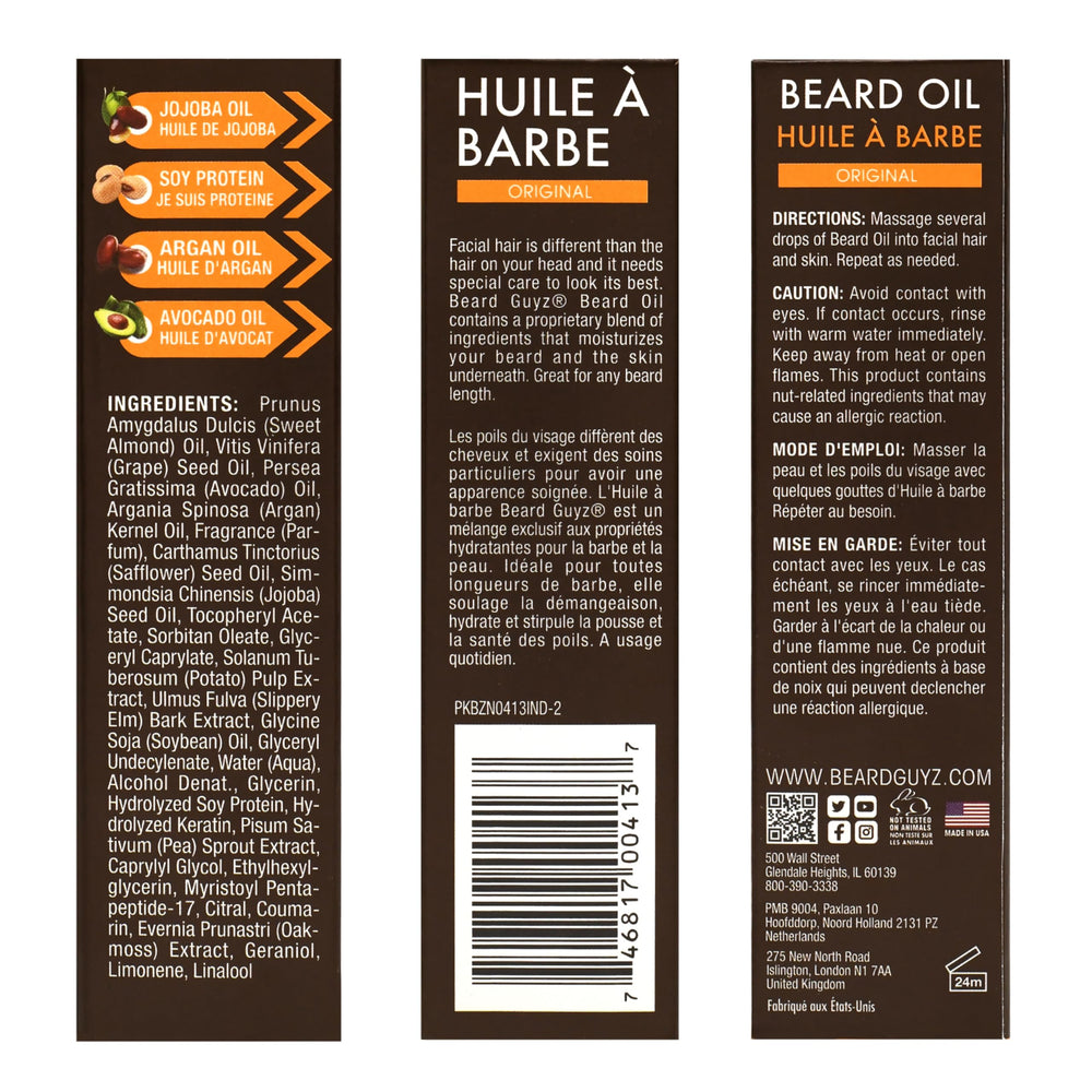 Beard Guyz Beard Oil ingredients blend features argan and jojoba for shine.