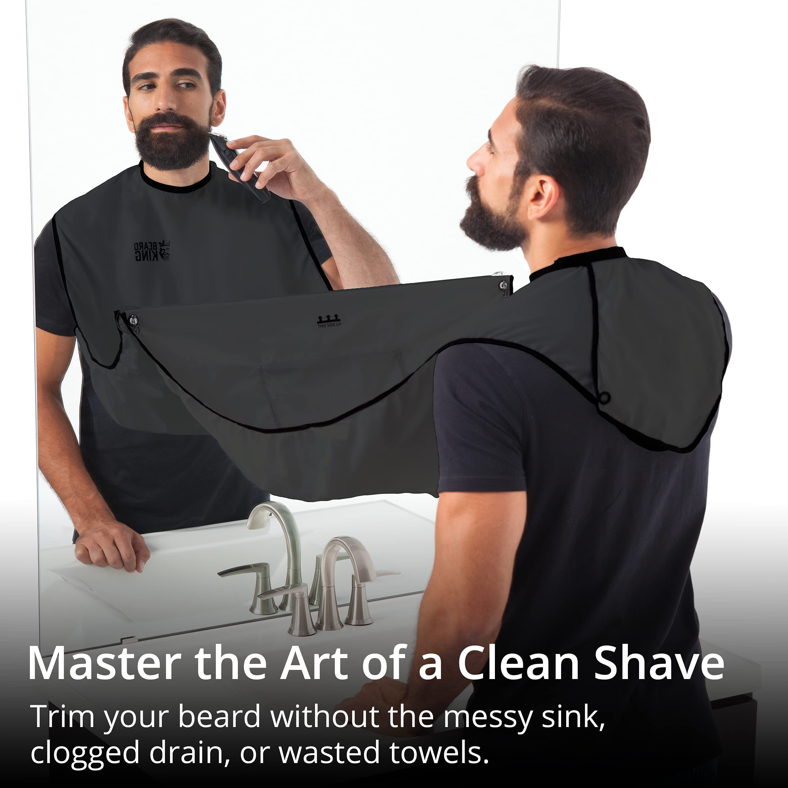 BEARD KING beard bib apron in a clean bathroom demonstrating cleanup benefits