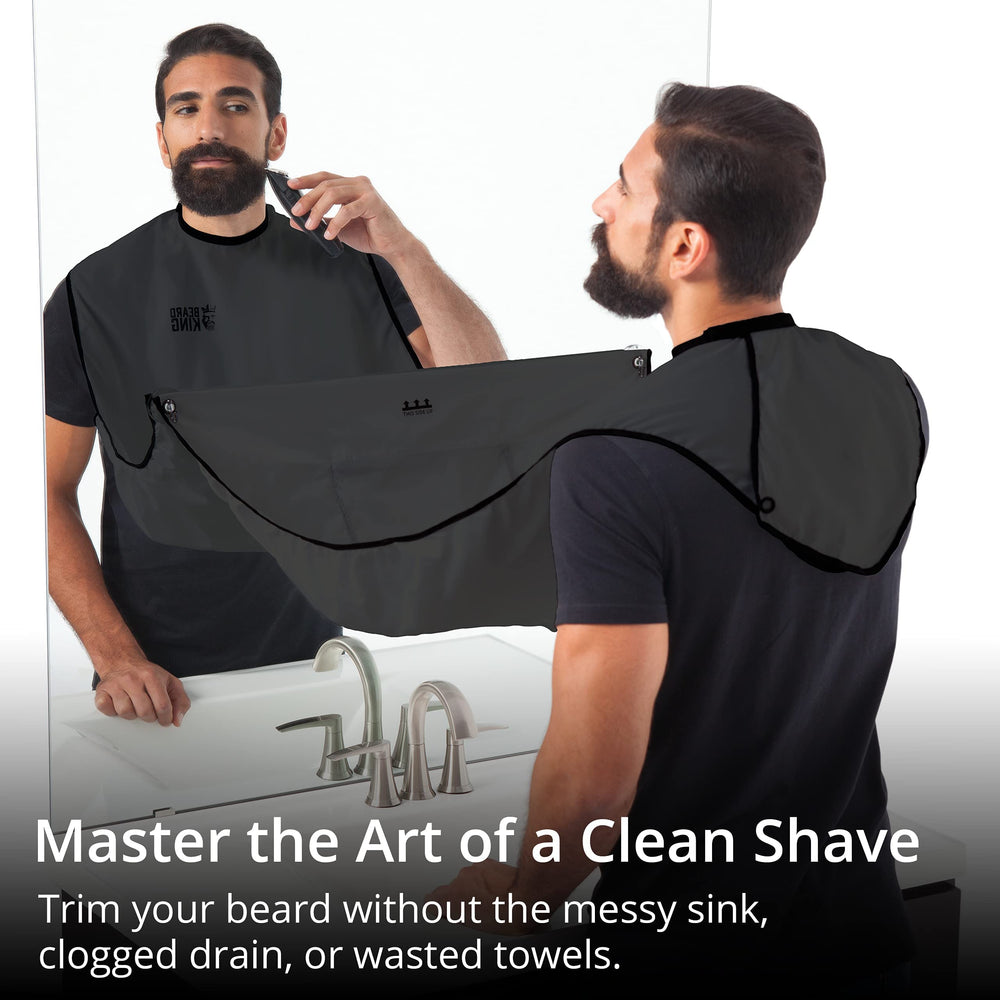 BEARD KING beard bib apron in a clean bathroom demonstrating cleanup benefits