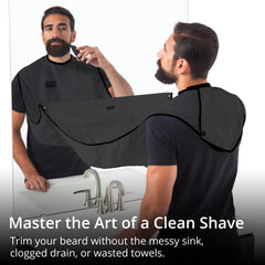BEARD KING beard bib apron in a clean bathroom demonstrating cleanup benefits