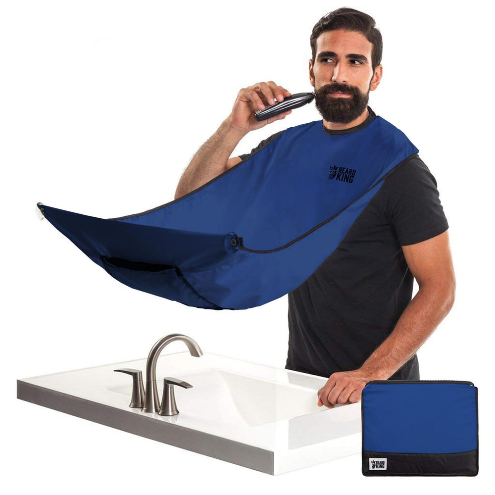 BEARD KING beard bib apron setup shows quick suction and neck collar for easy shaving