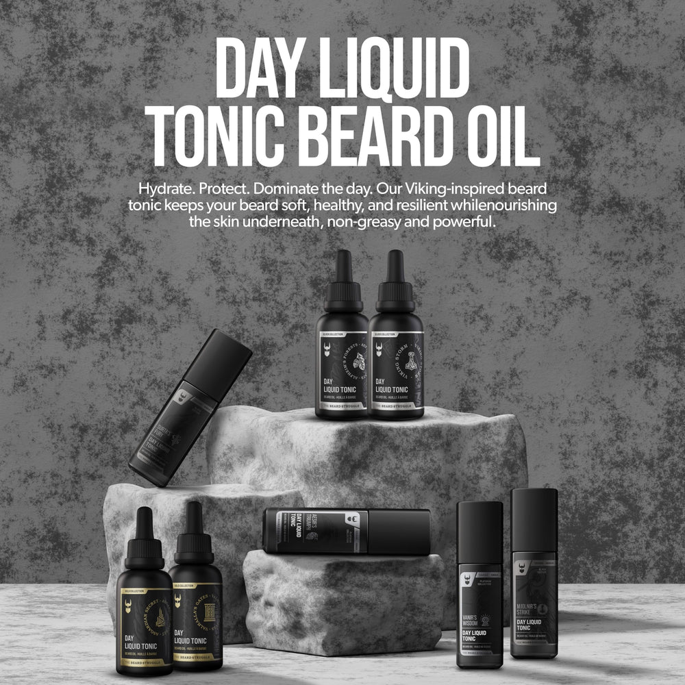 Beard Struggle Day Liquid Tonic Viking Storm label closeup with all-day fragrance cue.