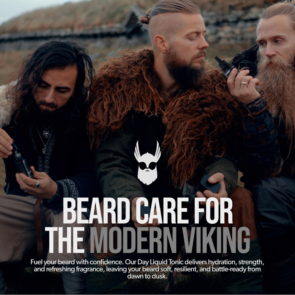 Lifestyle shot shows Viking Storm oil ready for your morning routine.