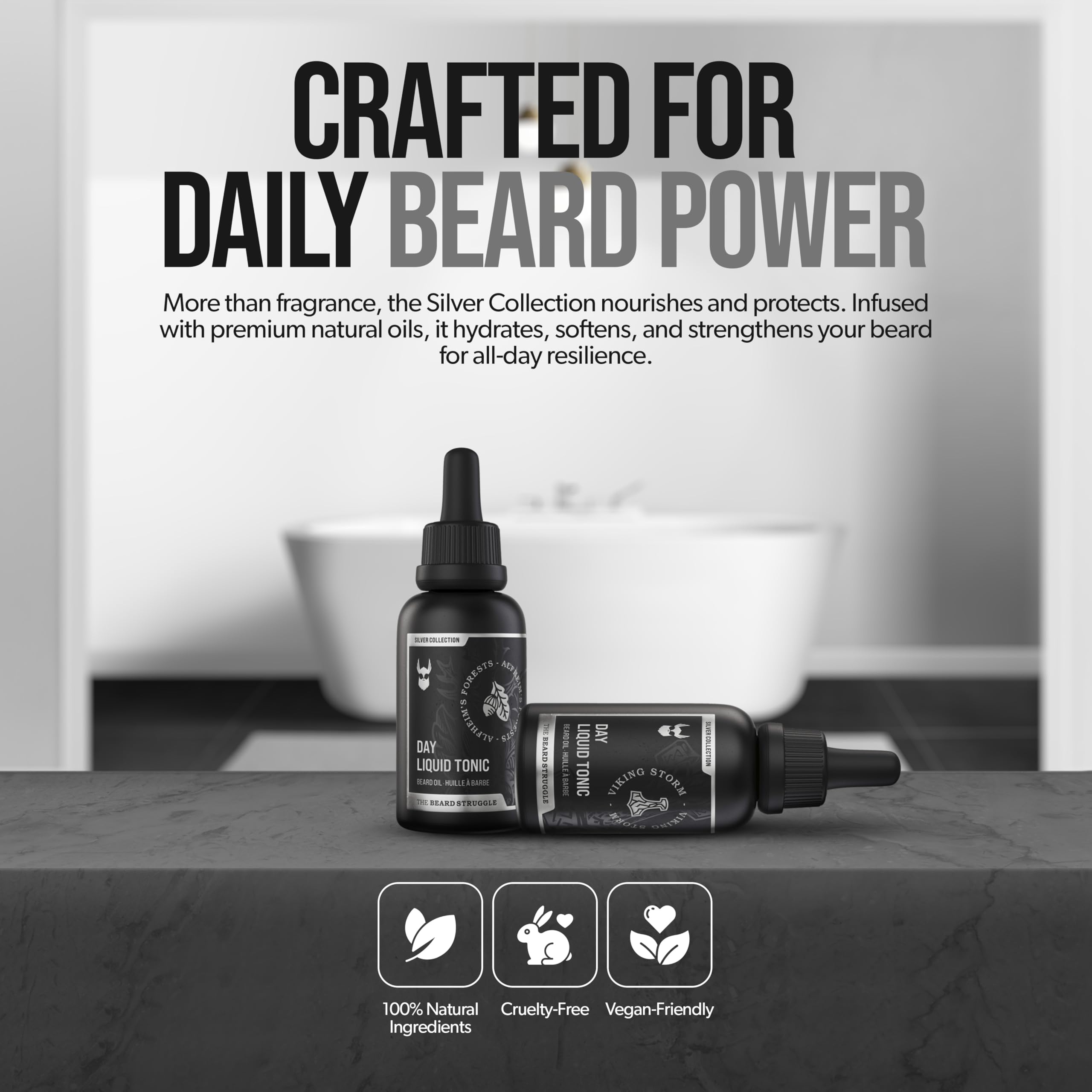 Beard Struggle Day Liquid Tonic Viking Storm oil finishes non-greasy and fast-absorbing.