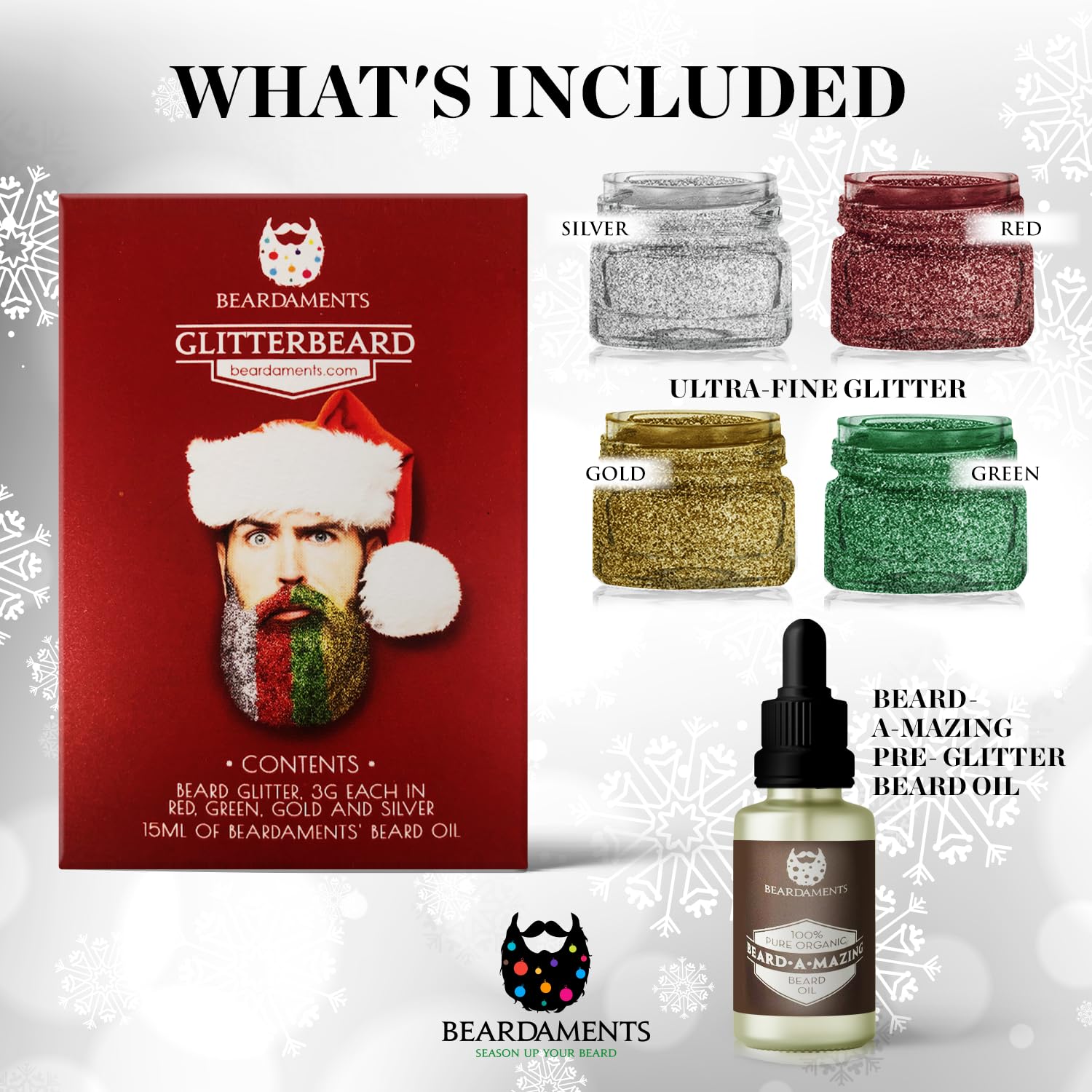 Beardaments Glitterbeard Kit model wearing glitter for festive vibes.