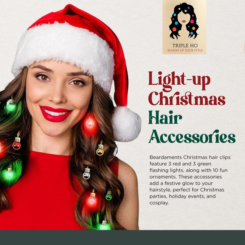 Beardaments Light Up Hair Lights clip-in-hair demonstrates secure festive styling.