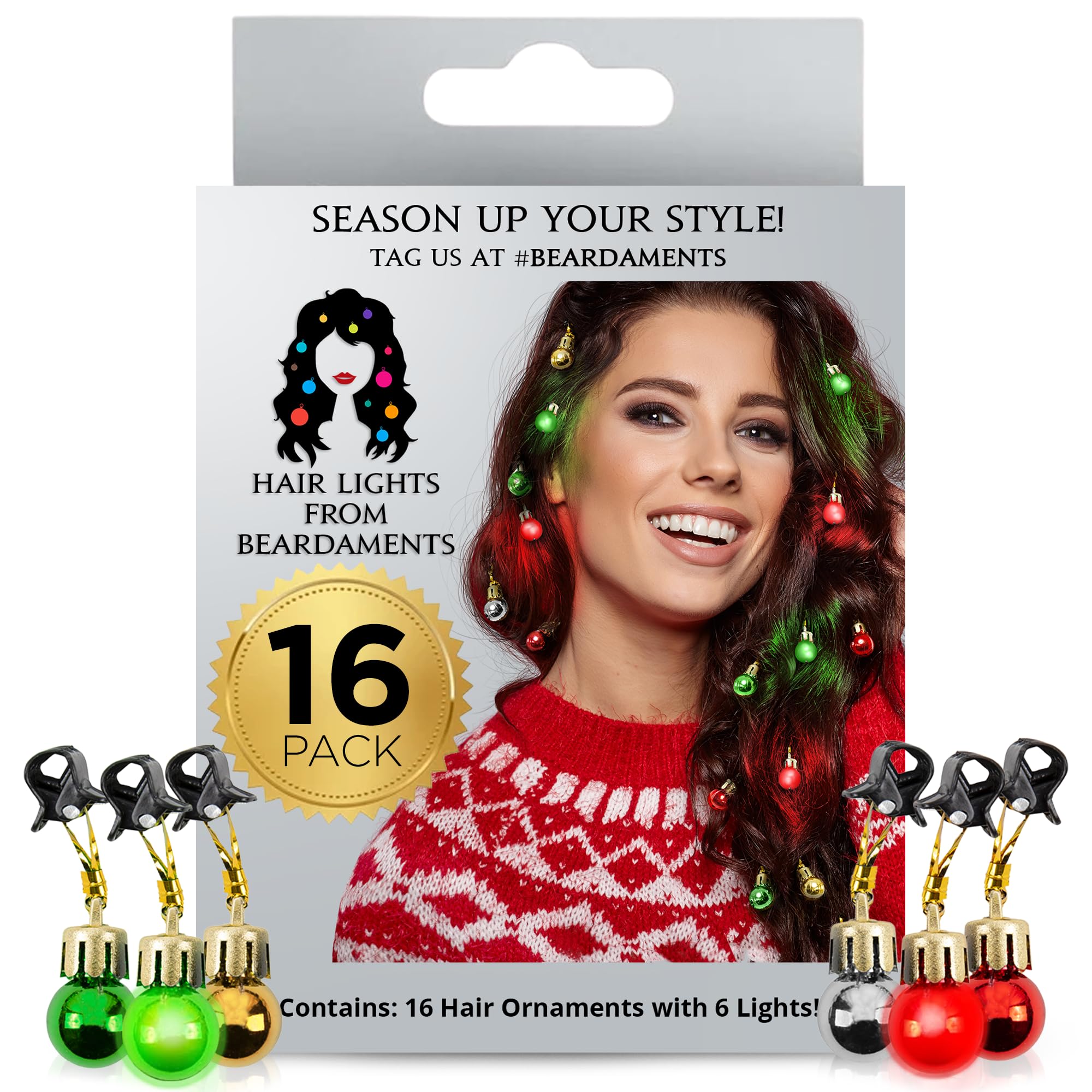 Beardaments Light Up Hair Lights closeup showing red and green LEDs for festive glow.
