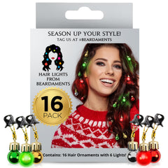 Beardaments Light Up Hair Lights closeup showing red and green LEDs for festive glow.