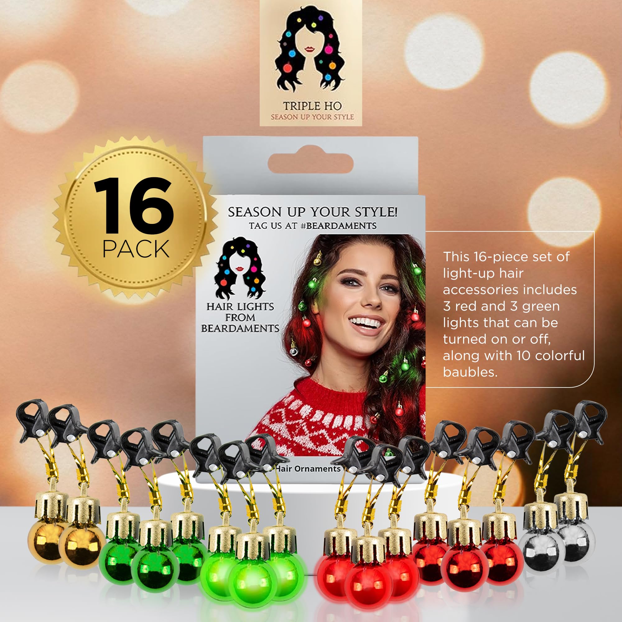 Beardaments Light Up Hair Lights ornaments-collection highlights 10 baubles for versatile holiday looks.