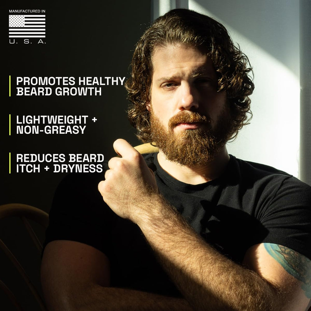 Beardbrand beard oil growth-support closeup hints at healthier growth and fuller appearance.