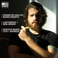 Beardbrand beard oil growth-support closeup hints at healthier growth and fuller appearance.