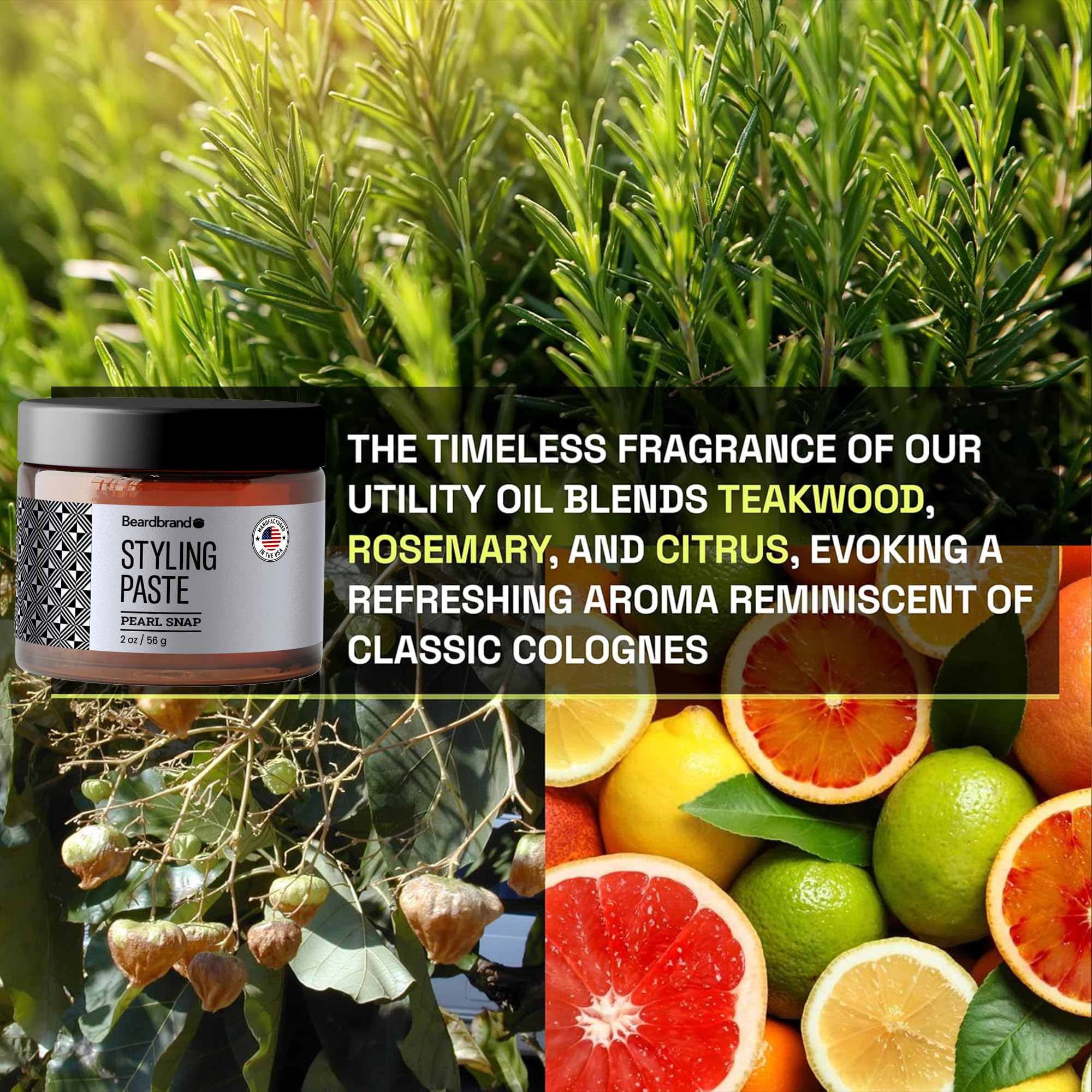 Beardbrand packaging highlights USA-made quality and premium ingredients.