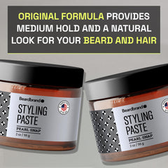 Beardbrand styling paste in use on beard for flexible texture.