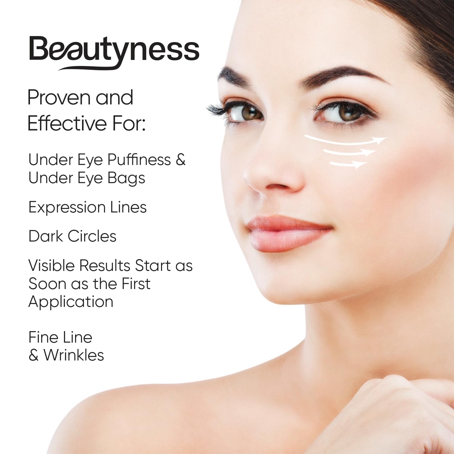 beatool Instant Ageless Eye Cream being applied under eye to reduce puffiness.