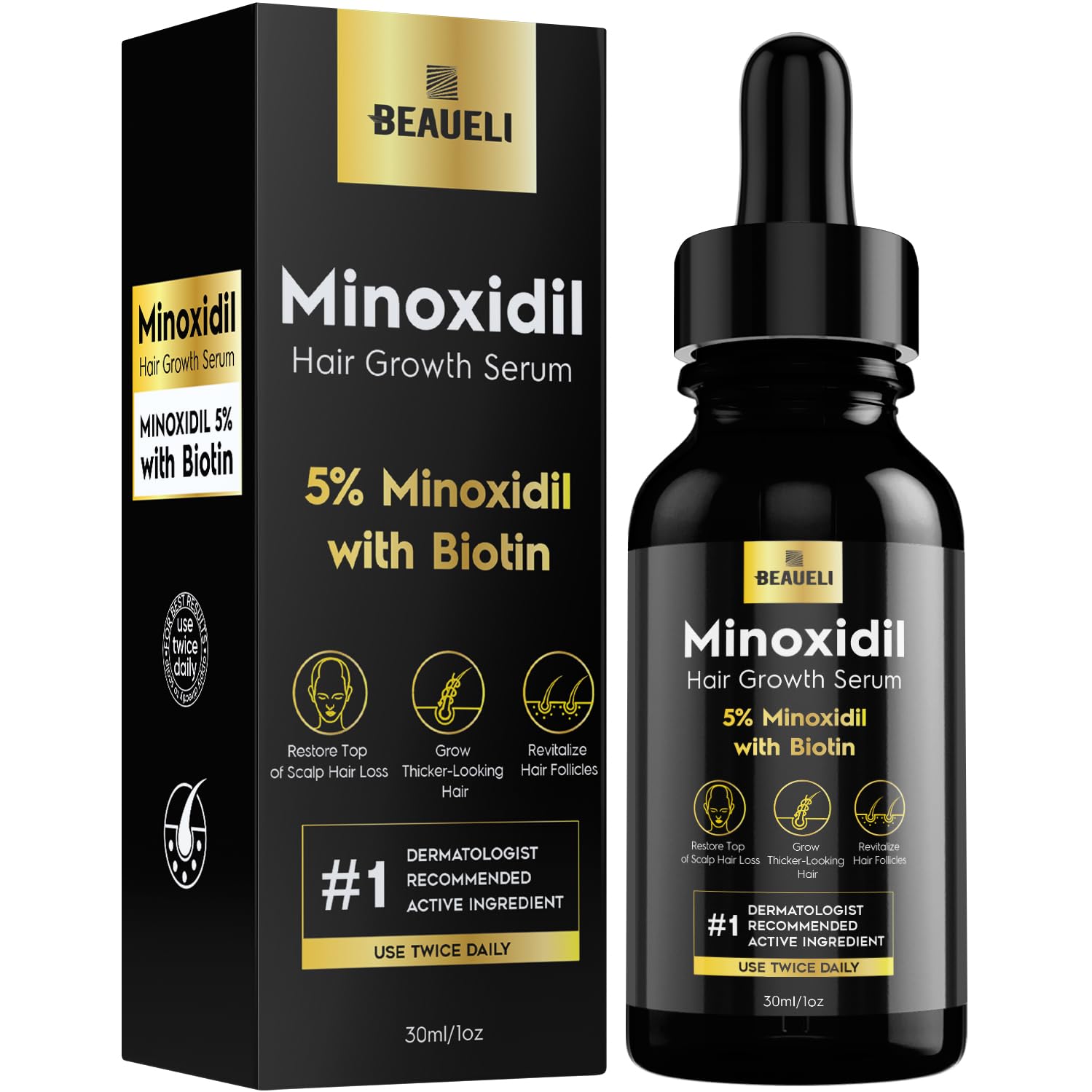 Beaueli 5-percent minoxidil foam bottle for hair growth support in both genders.