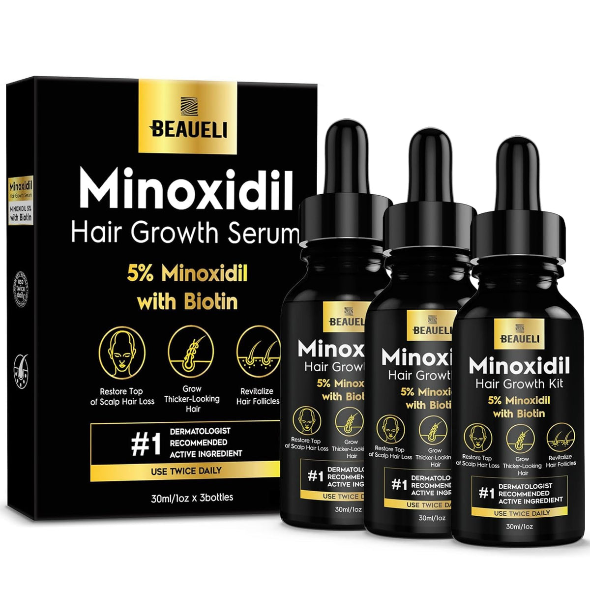 Beaueli 5% Minoxidil bottle closeup for targeted scalp application and potential hair regrowth support.