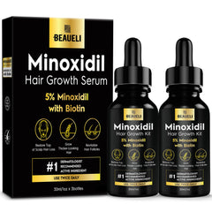 Beaueli 5% minoxidil bottle with drops for precise scalp application and growth support.