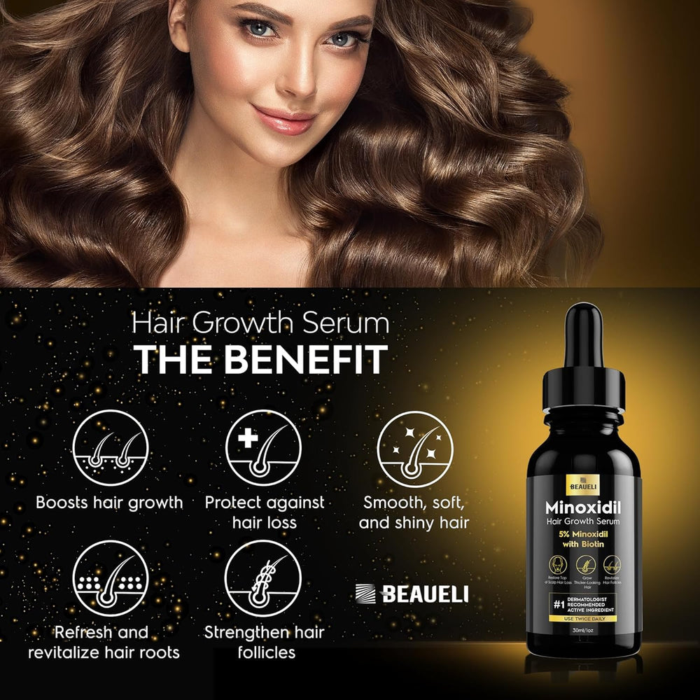 Beaueli biotin-infused minoxidil serum nourishes thinning hair.