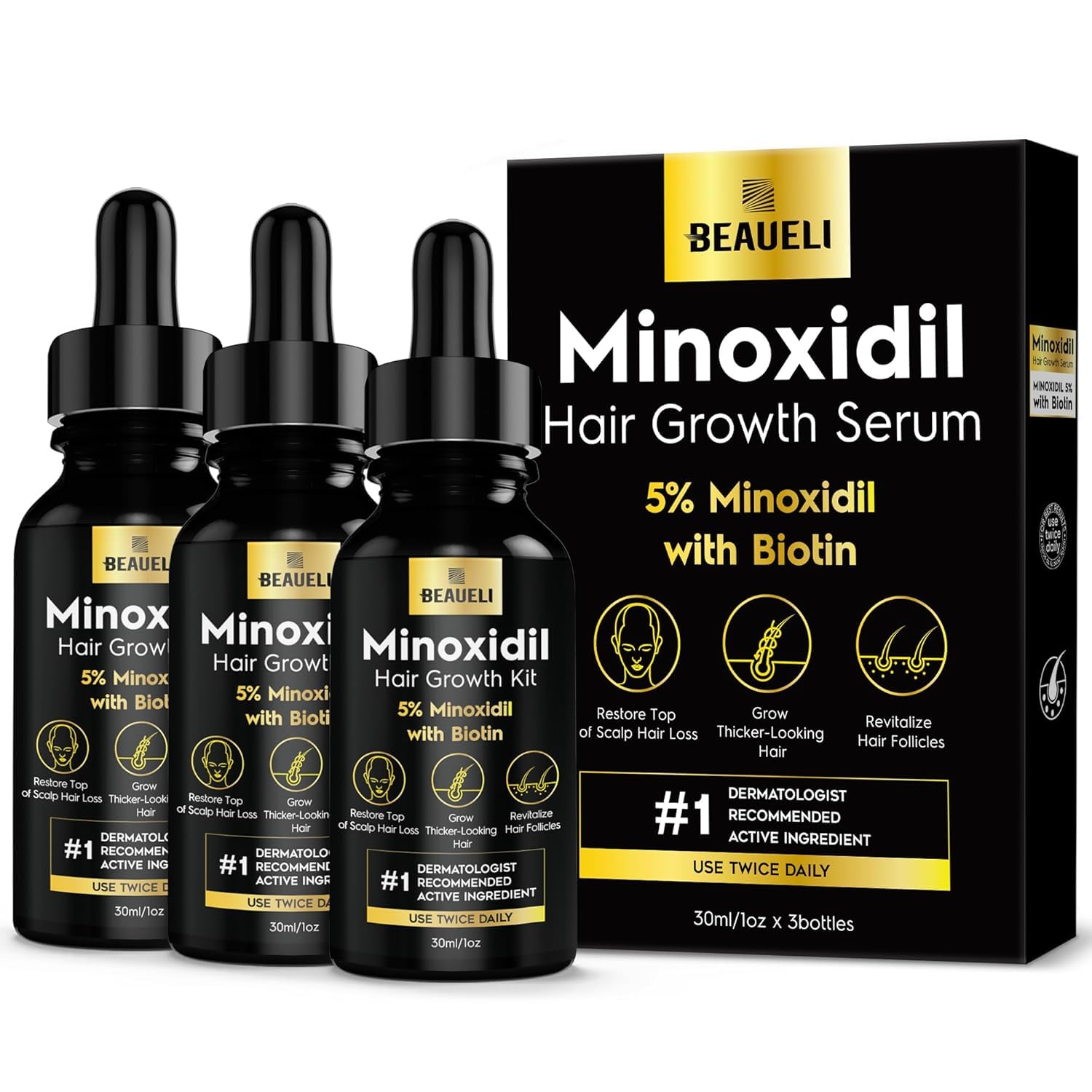 Beaueli minoxidil 5 percent bottle for hair growth support