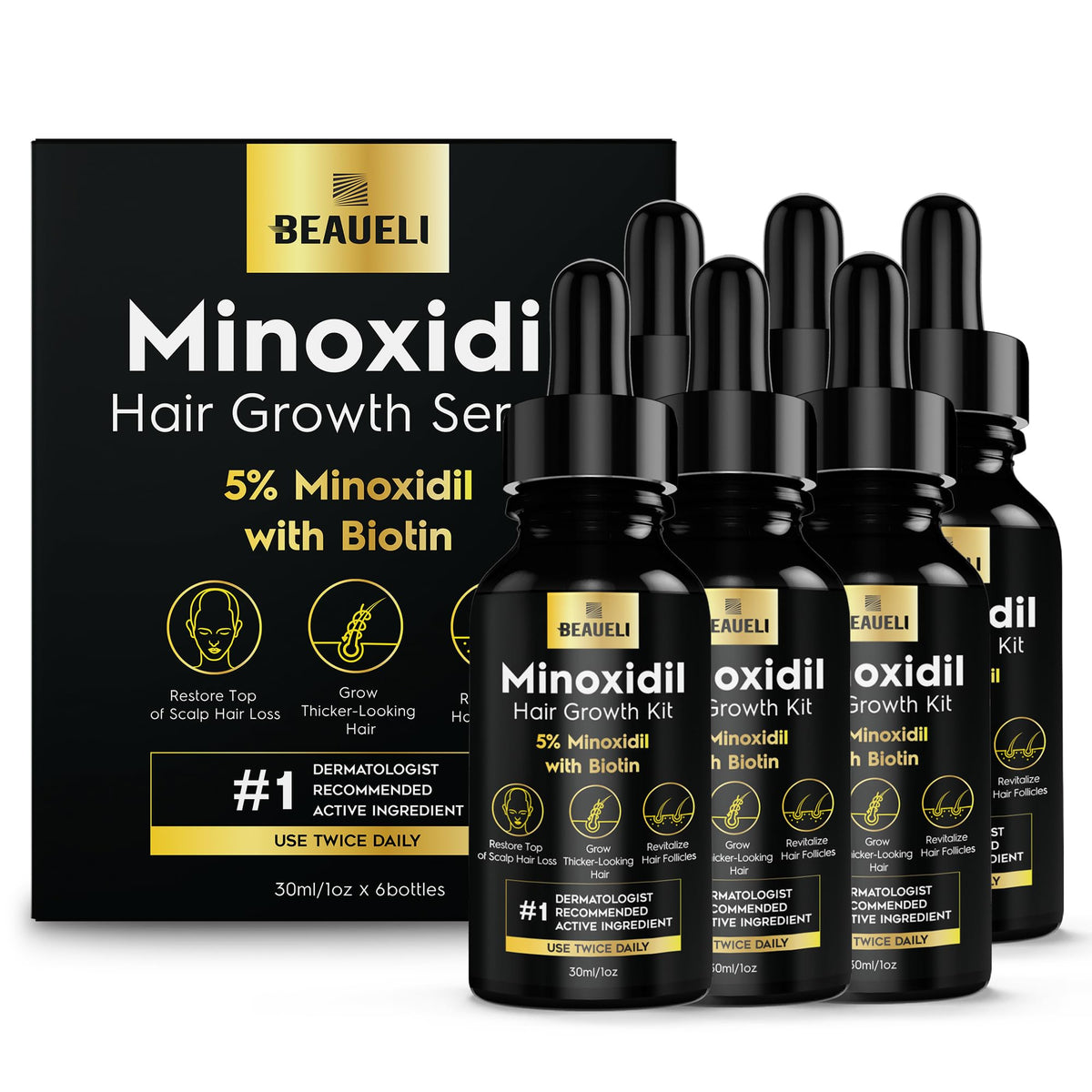 Beaueli minoxidil dropper applying solution to scalp for targeted hair growth.