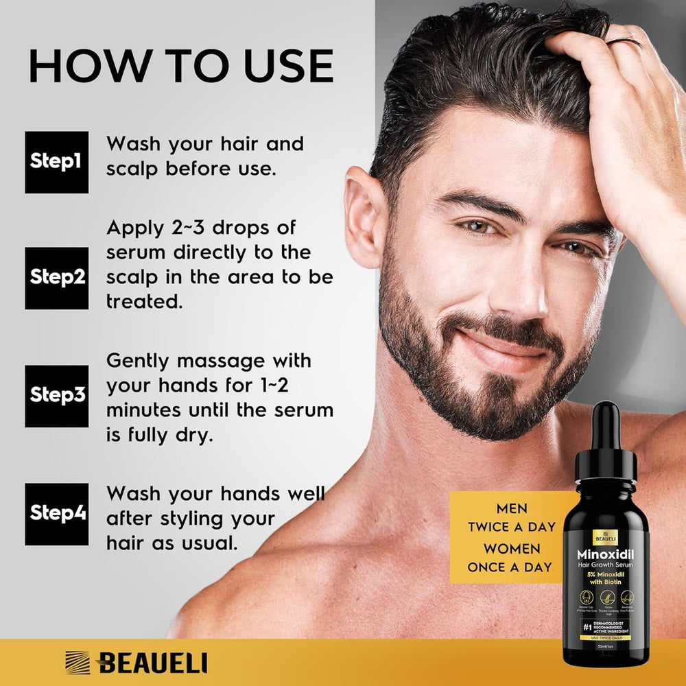 Woman applying Beaueli minoxidil at hairline for thinning hair support.