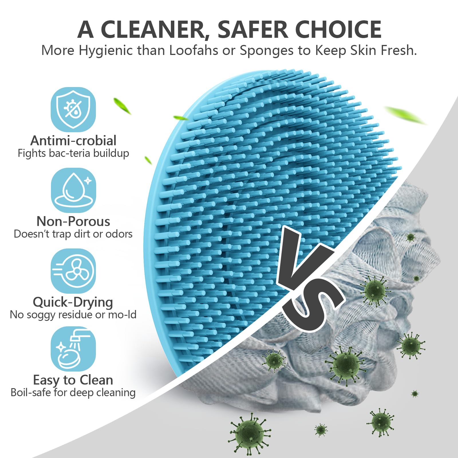 BEAUTAIL silicone body scrubber in blue offers massaging exfoliation for refreshed skin.
