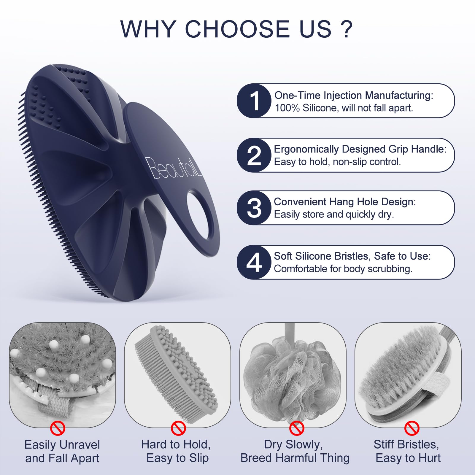 BEAUTAIL silicone body scrubber dries quickly to reduce moisture buildup