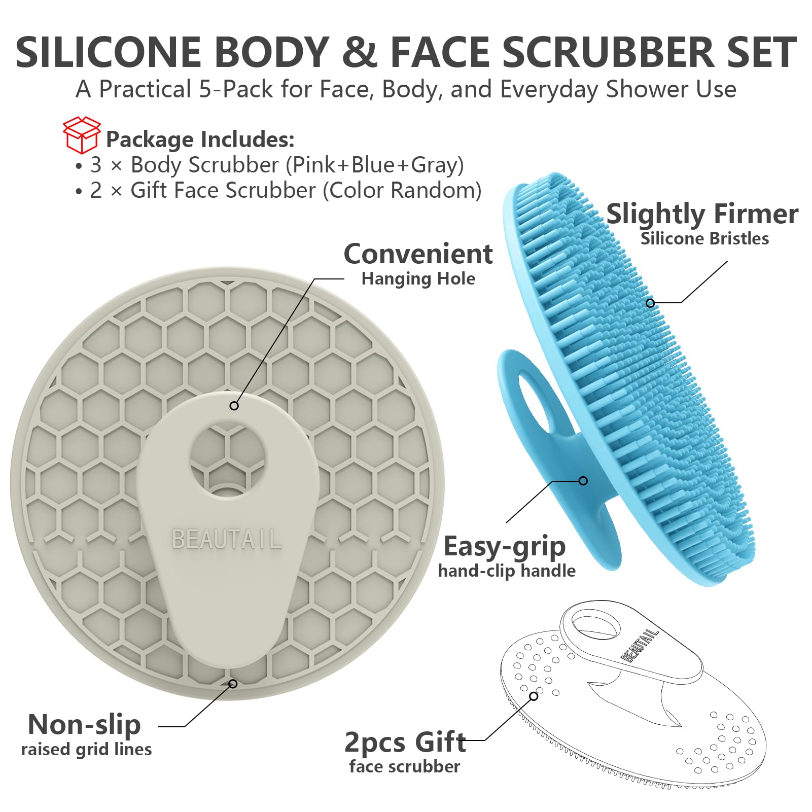 BEAUTAIL silicone body scrubber with hanging hole for easy drying and storage.