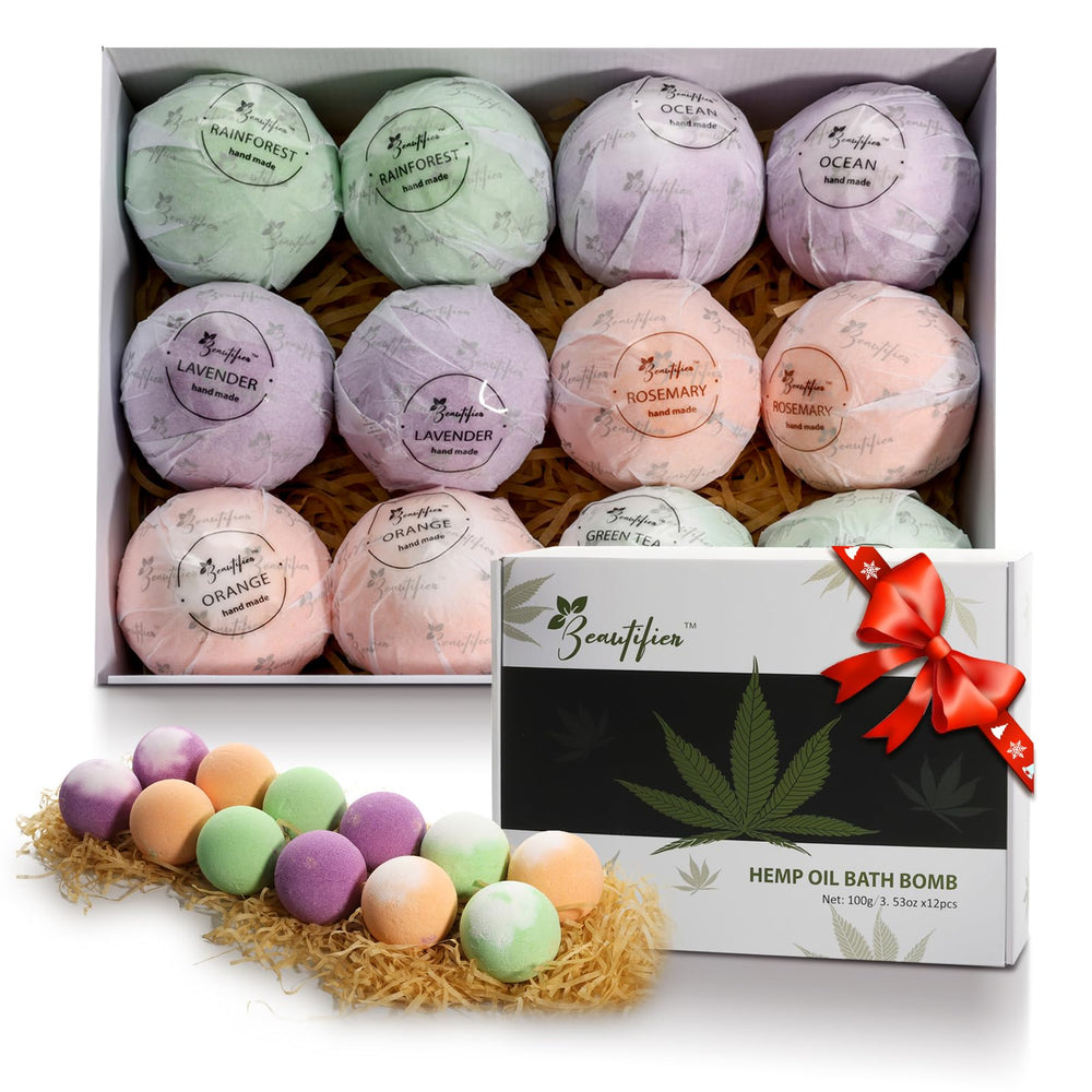 Beautifier Life hemp bath bomb gift set six scents shown with colorful bombs