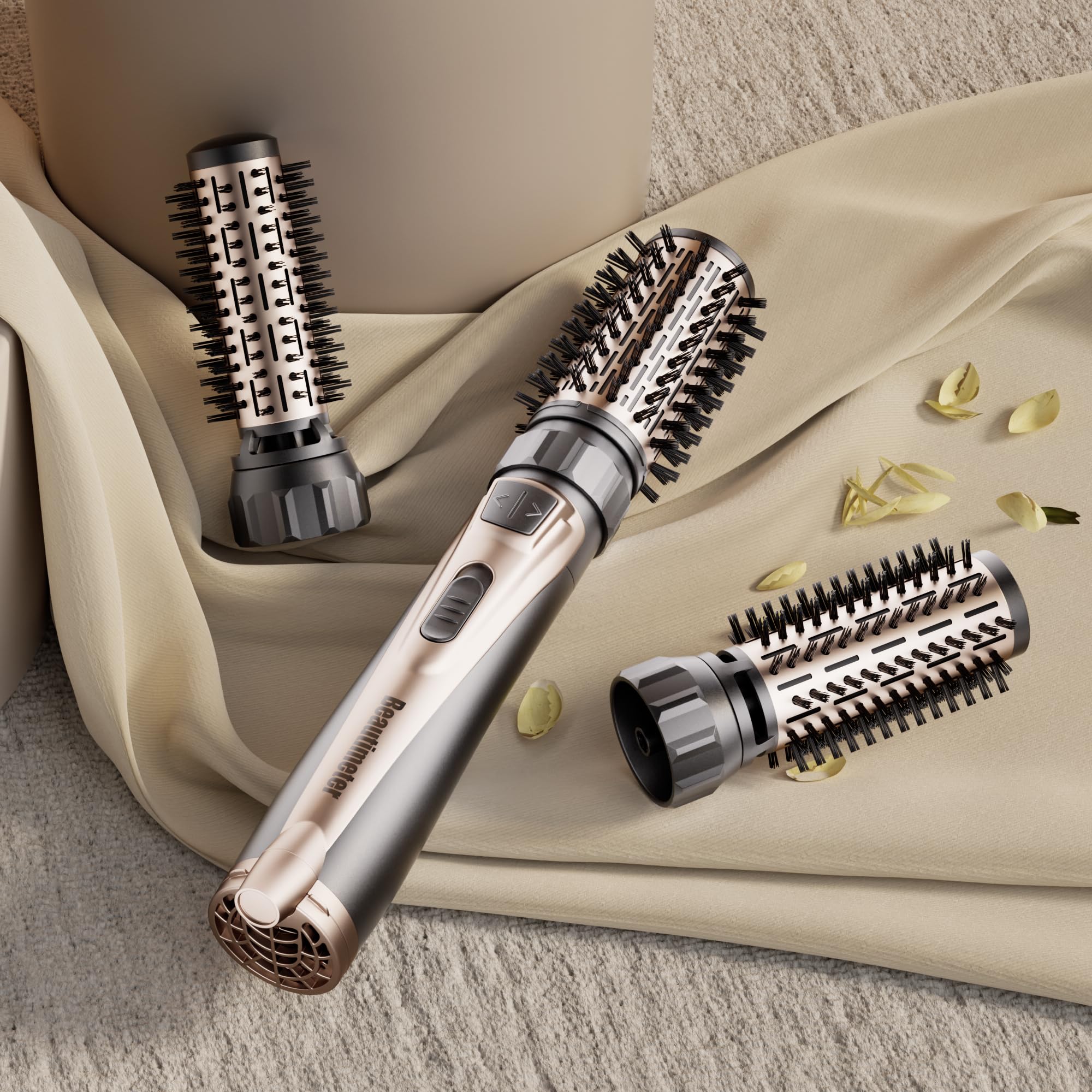 Beautimeter hair dryer brush with interchangeable brushes for soft curls and bob-length styling