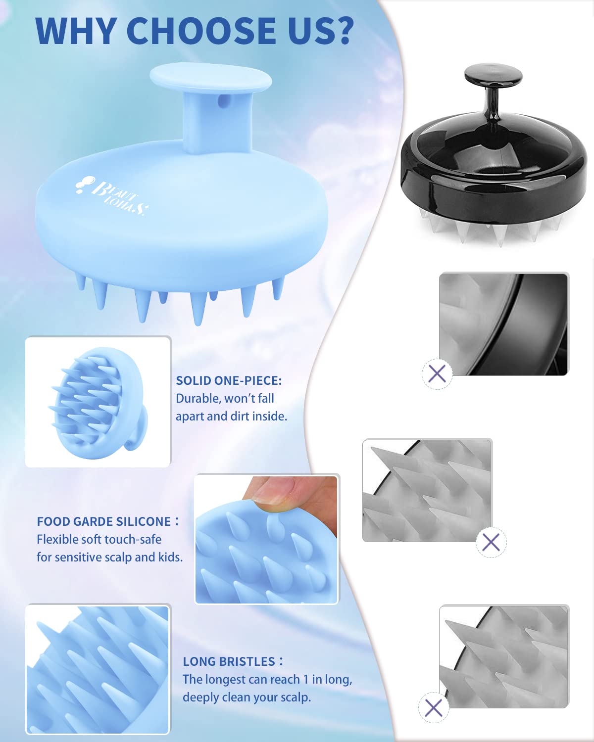 Beautlohas waterproof one-piece design scalp brush for easy cleaning and mold prevention.