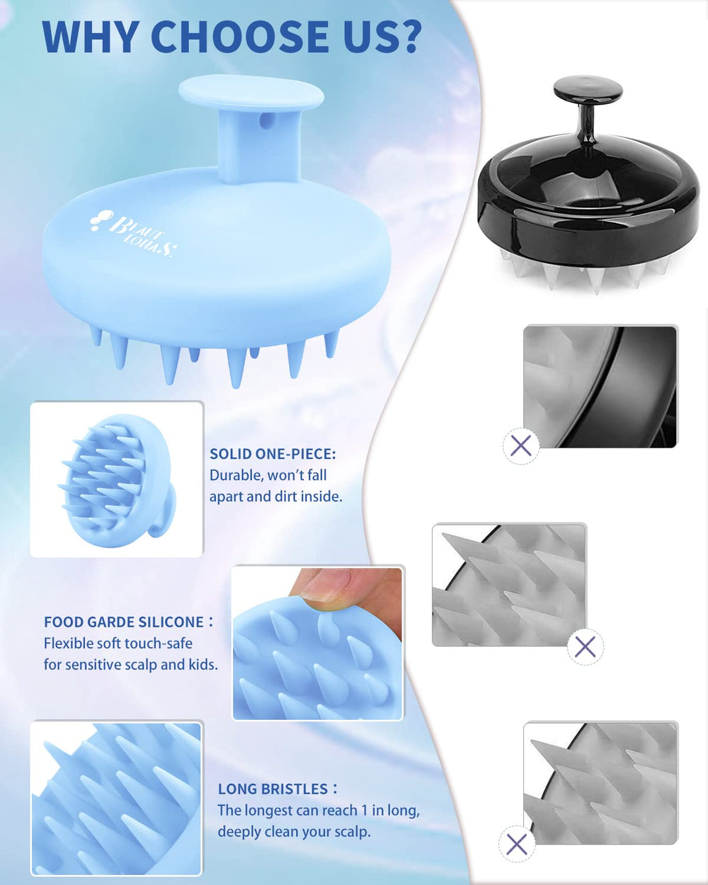 Beautlohas waterproof one-piece design scalp brush for easy cleaning and mold prevention.