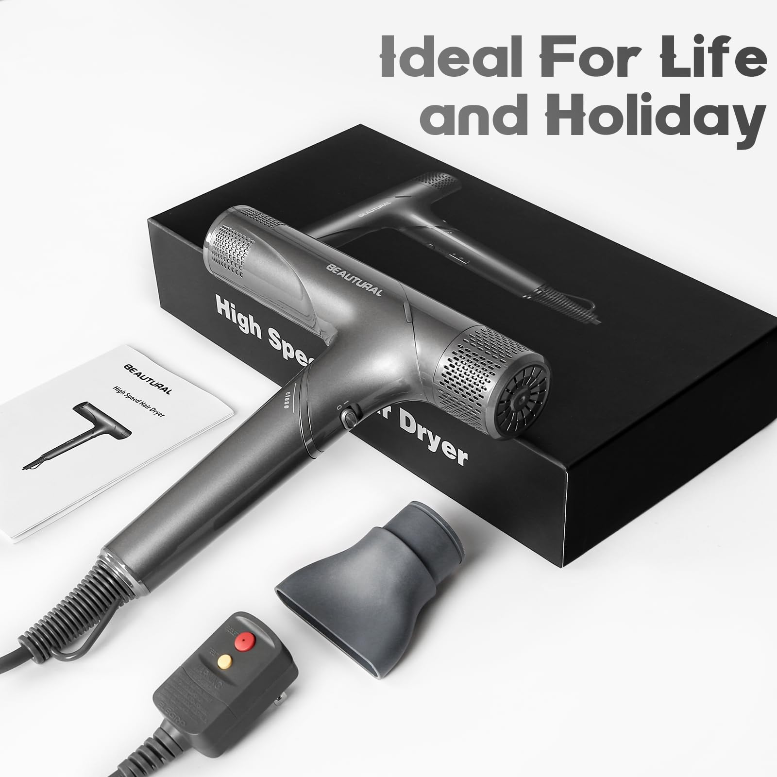 BEAUTURAL hair dryer shows three temperatures and three speeds for customized styling.