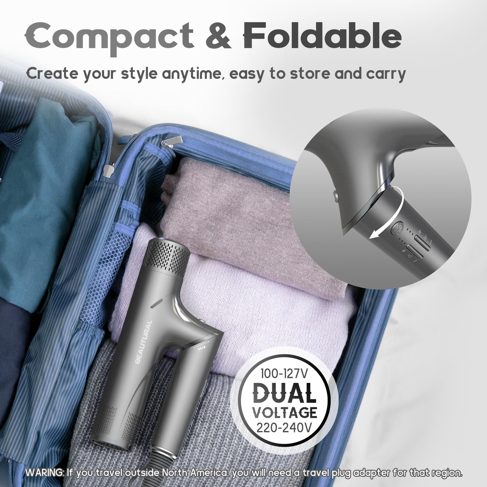 BEAUTURAL hair dryer foldable travel design showcased for packing ease.