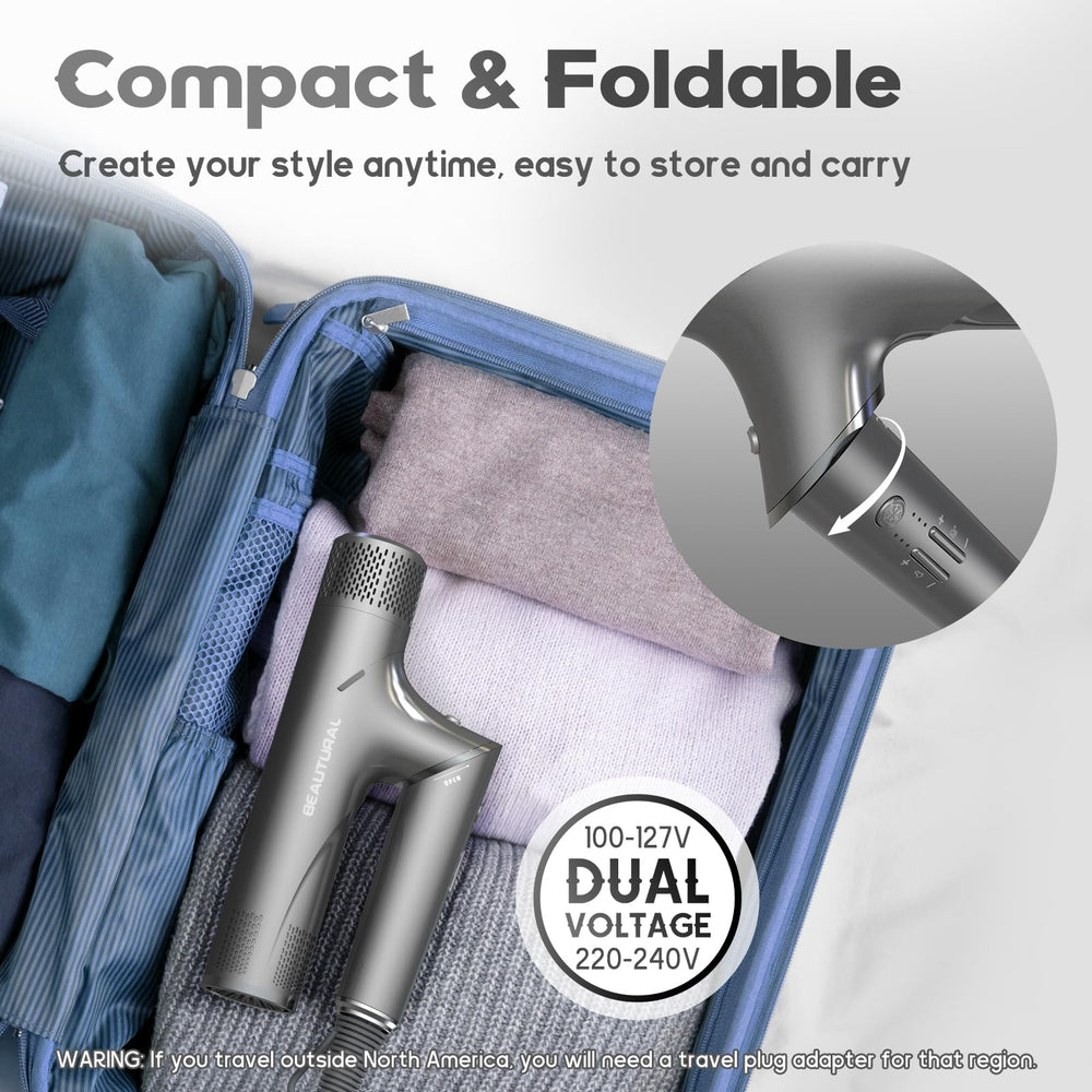BEAUTURAL hair dryer foldable travel design showcased for packing ease.