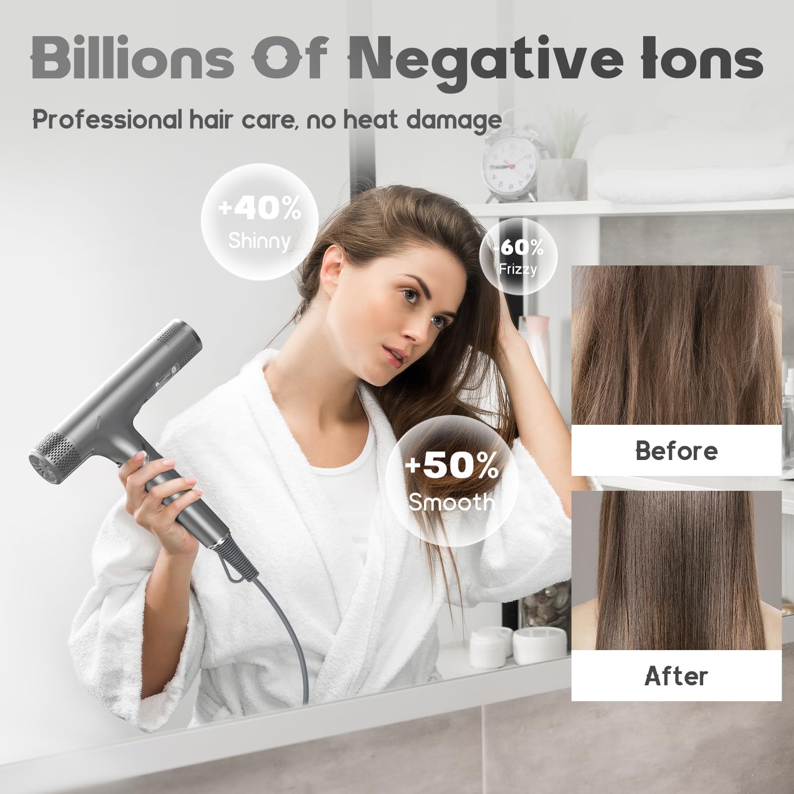 BEAUTURAL hair dryer emits up to 100M negative ions to reduce static.