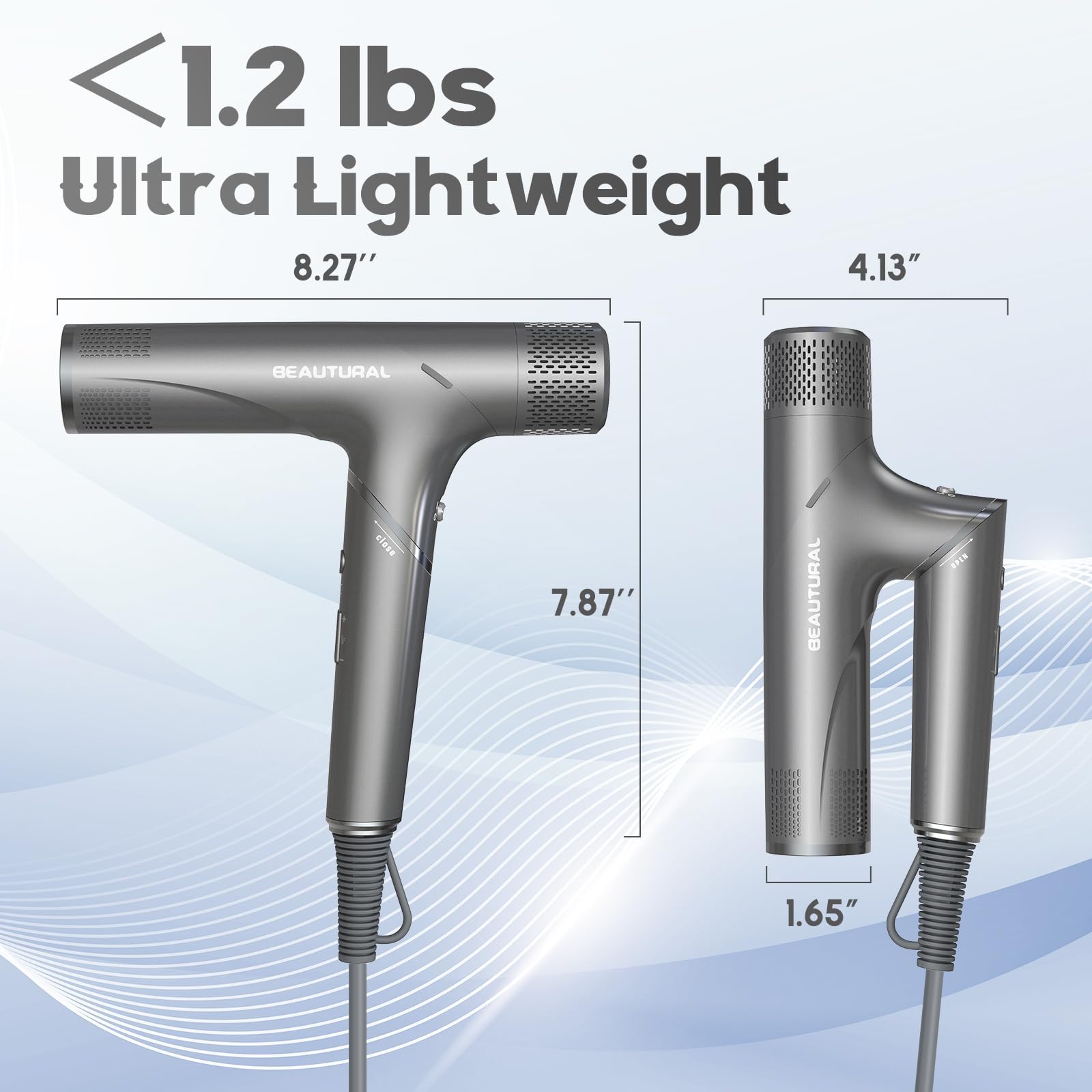 BEAUTURAL hair dryer operates quietly at under 70 dB during morning styling.