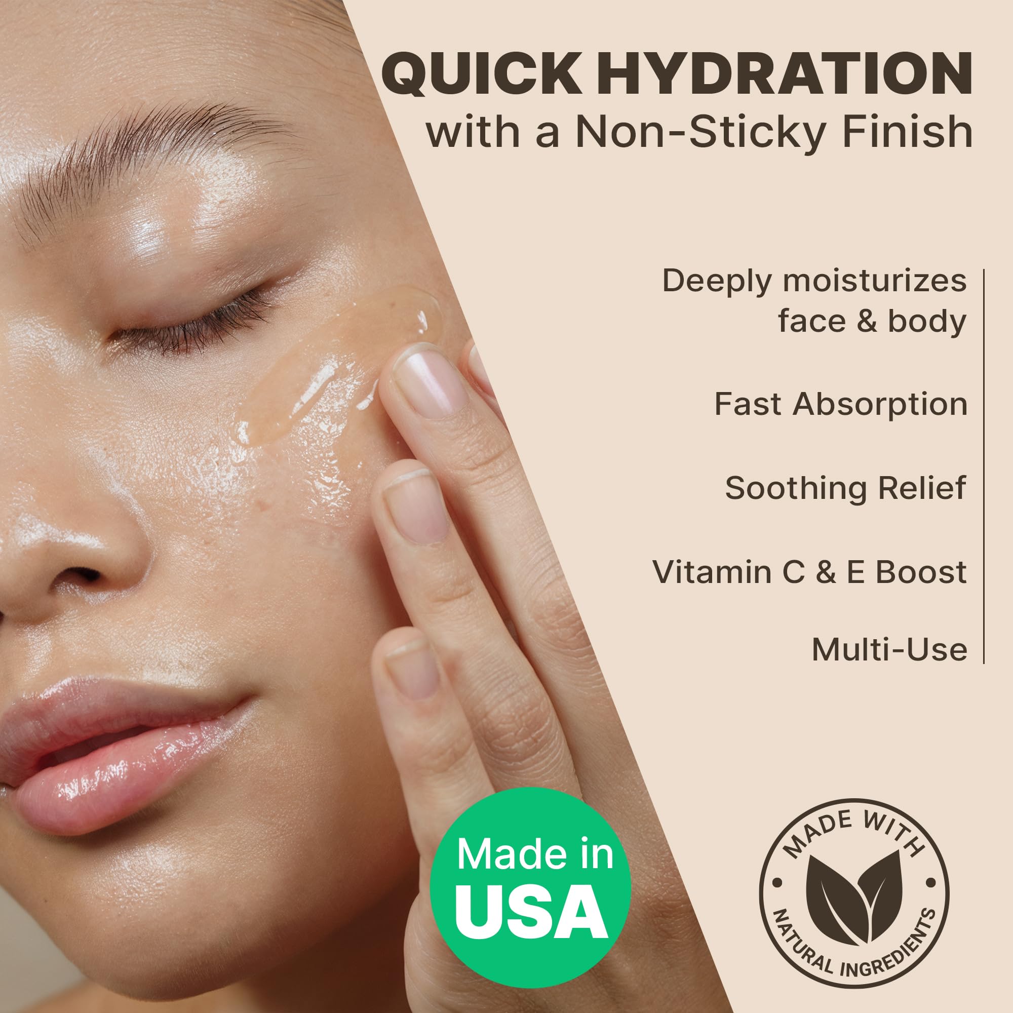 Beauty by Earth Aloe Vera Gel face-application demonstrates quick absorption for refreshed skin.