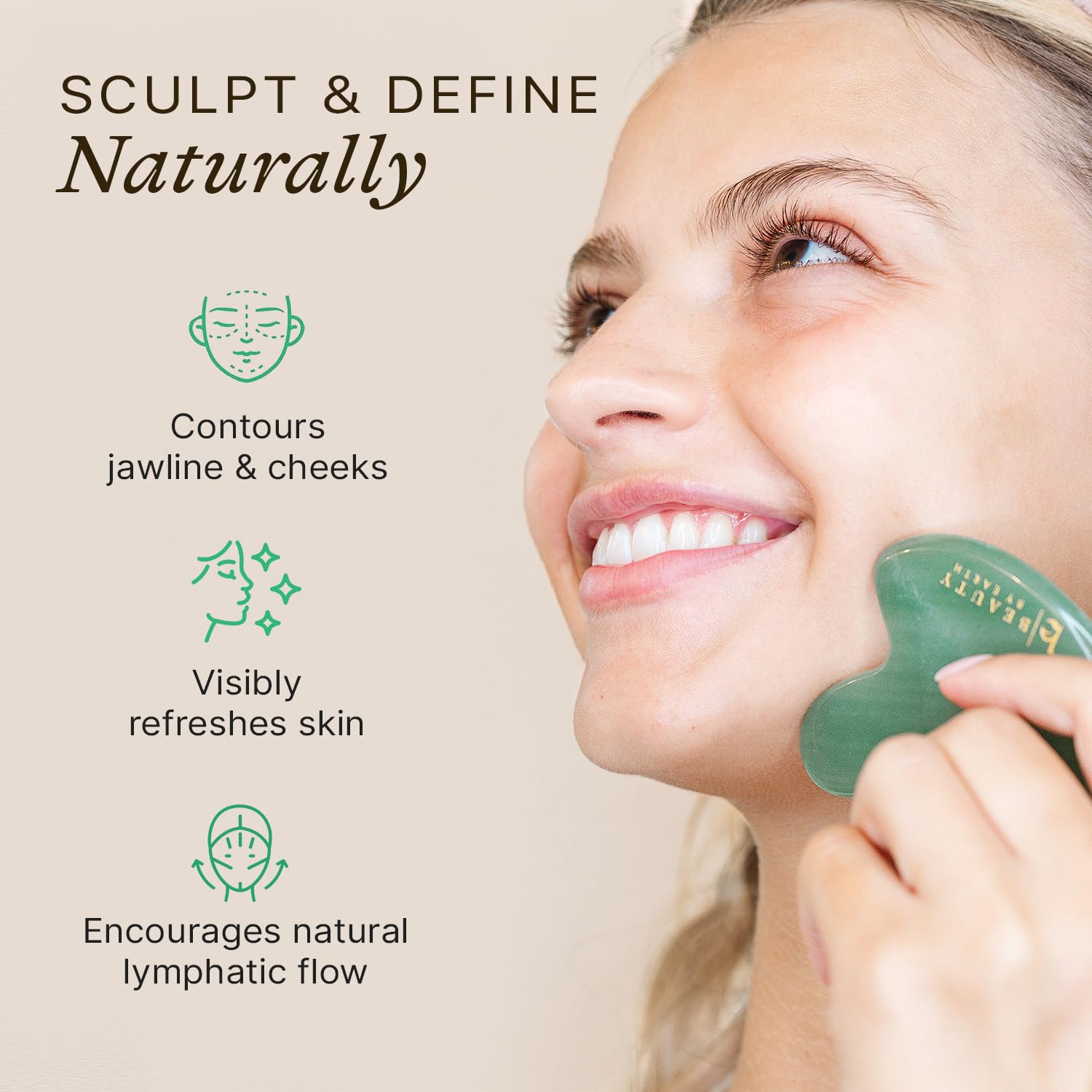 Beauty by Earth aventurine jade gua sha massage stone for soothing facial massage and gentle drainage.