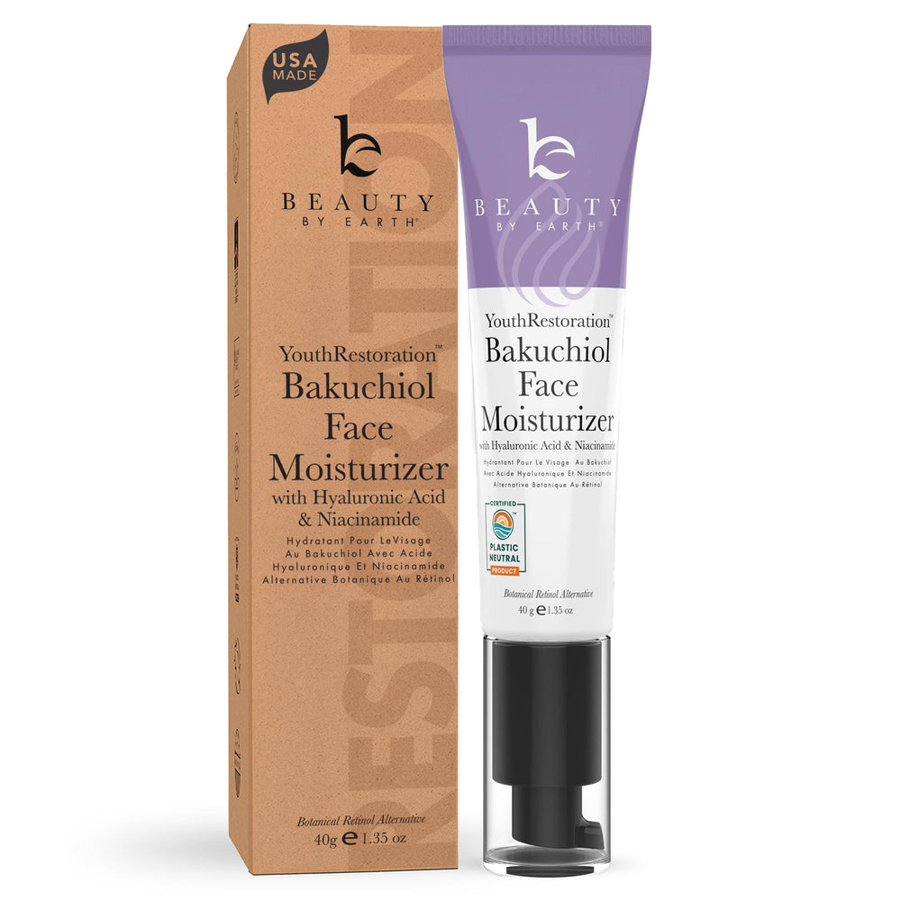 Beauty by Earth Bakuchiol moisturizer bottle close-up for daily hydration