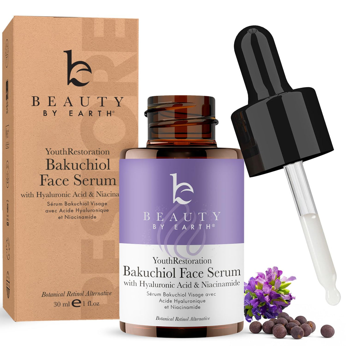 Beauty by Earth bakuchiol serum bottle close-up highlighting vegan, cruelty-free care