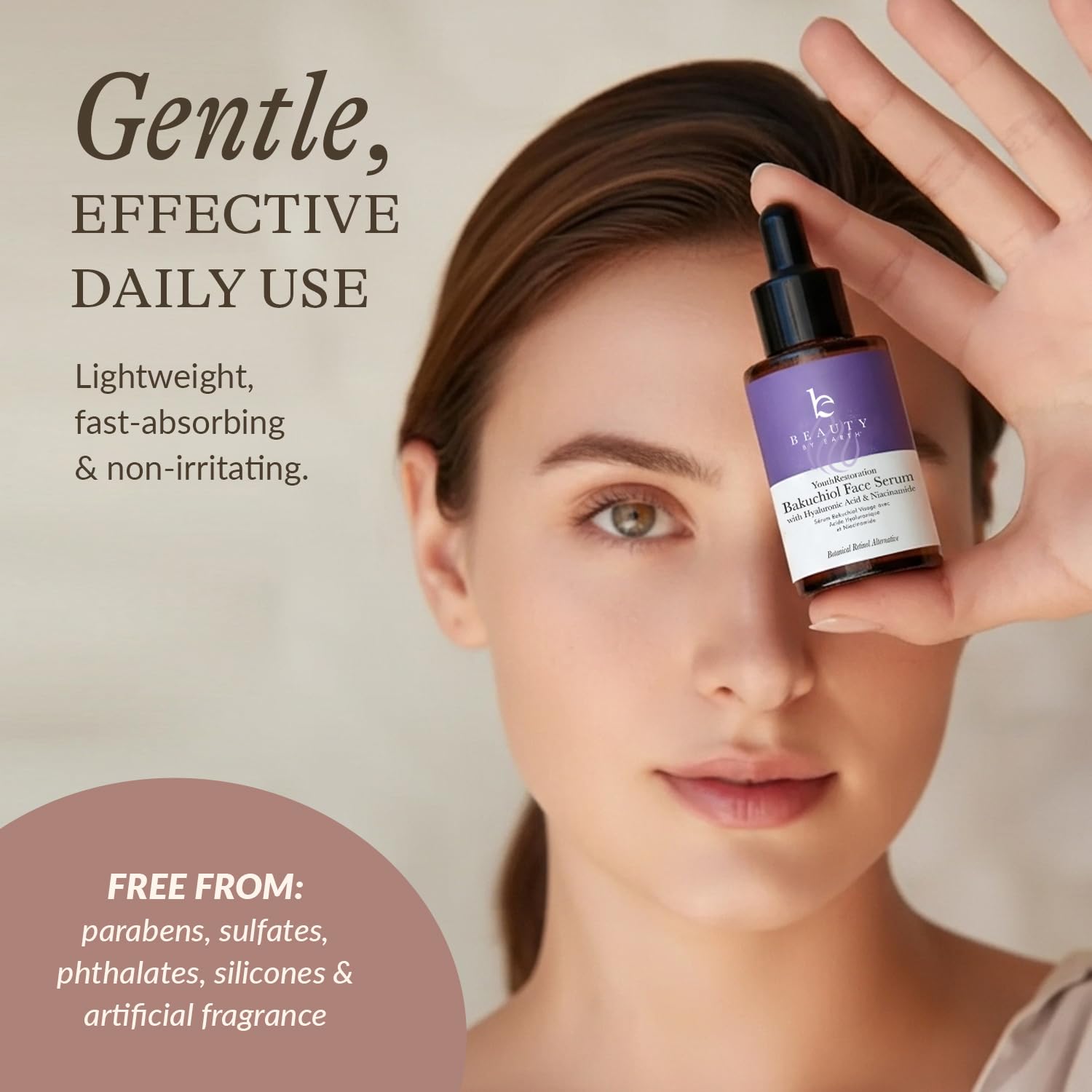 Beauty by Earth Bakuchiol Serum on skin close-up shows smoothness