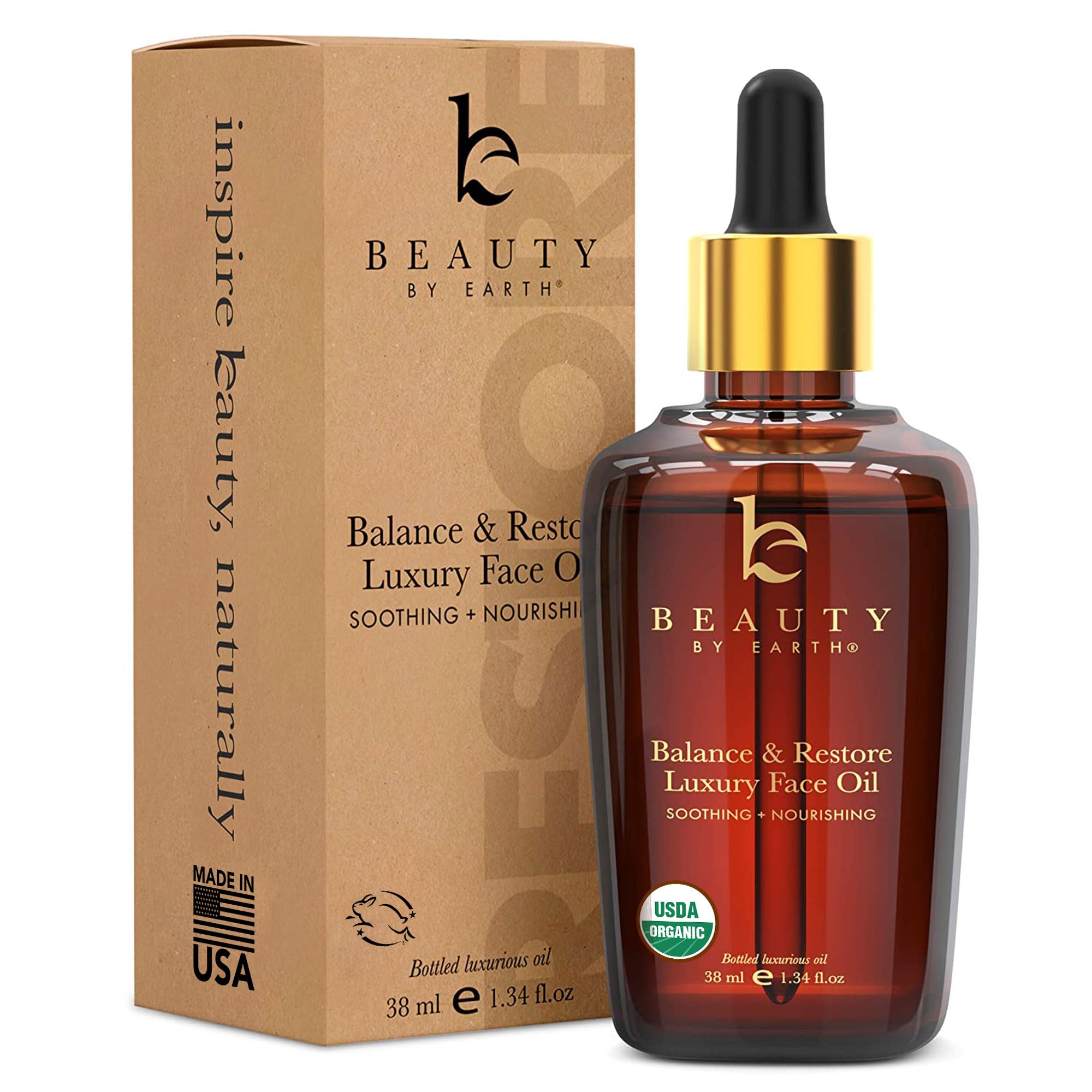 Beauty by Earth Balance & Restore bottle closeup for balanced, nourished skin.