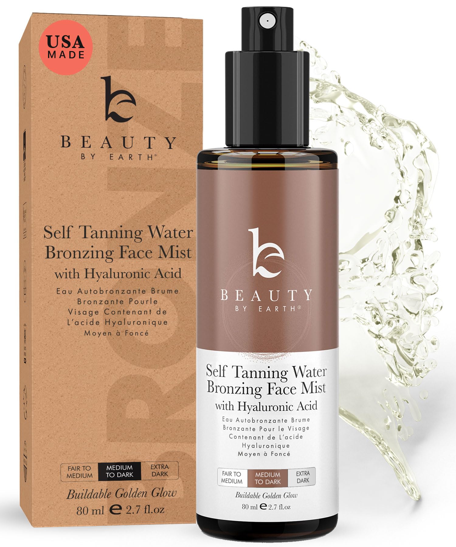 Beauty by Earth Bronzing Face Tanner Spray Mist bottle front for an easy, natural-looking glow.